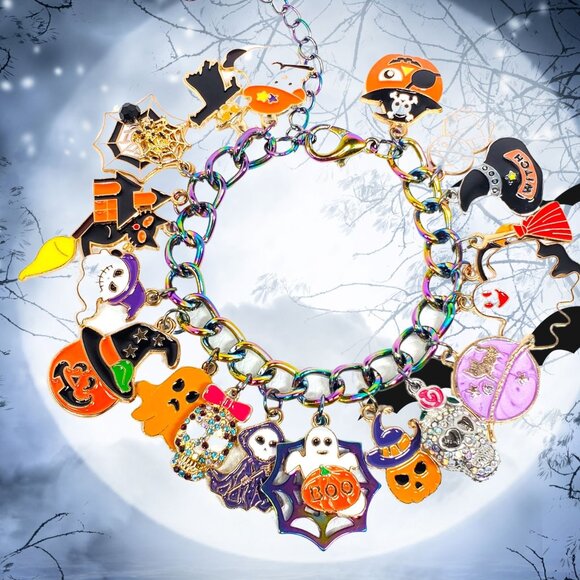 Halloween Charm Bracelet, Pumpkins, Ghost, Spider Webs, Cat - Picture 9 of 9